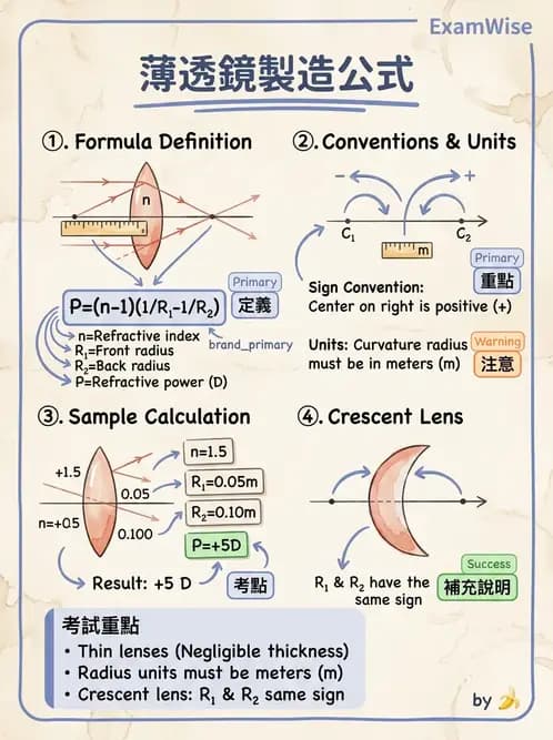 驗光生 - 球面折射介面與薄透鏡屈光力計算 - AI 圖文解析預覽