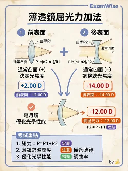 驗光生 - 球面折射介面與薄透鏡屈光力計算 - AI 圖文解析預覽