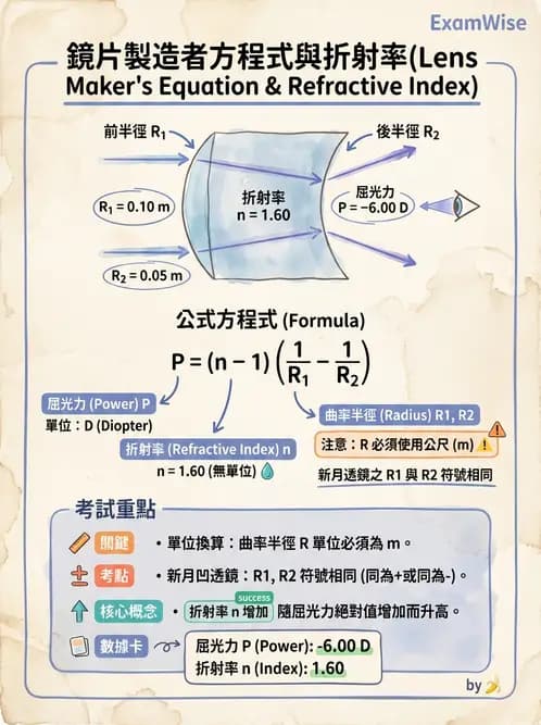 驗光生 - 球面折射介面與薄透鏡屈光力計算 - AI 圖文解析預覽