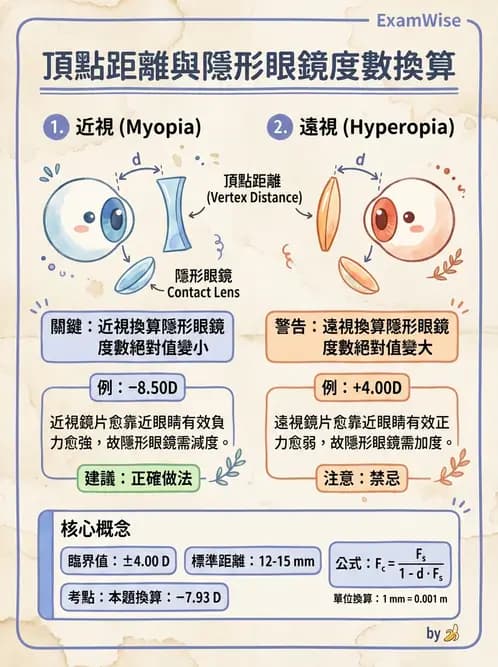 驗光生 - 隱形眼鏡與框架眼鏡頂點距離度數換算 - AI 圖文解析預覽