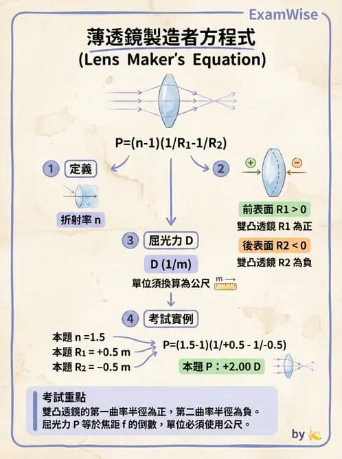 驗光生 - 球面折射介面與薄透鏡屈光力計算 - AI 圖文解析預覽