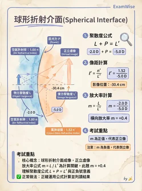驗光生 - 球面折射介面與薄透鏡屈光力計算 - AI 圖文解析預覽