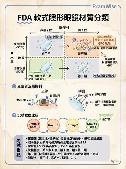 驗光生 - 軟式鏡片FDA分類、離子性與沉積物特性 - AI 圖文解析預覽