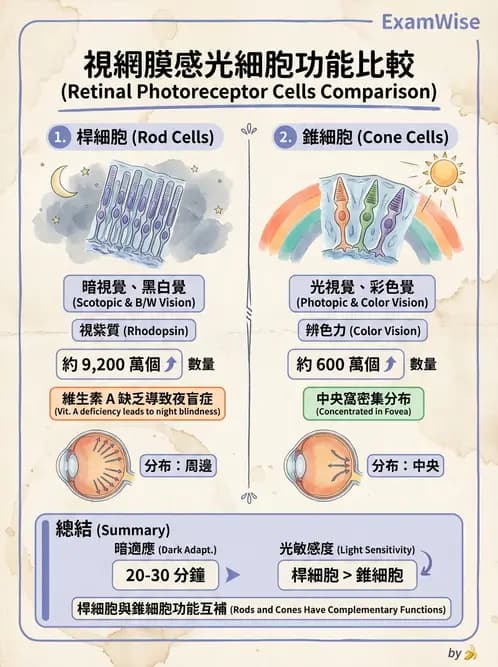 驗光生 - 視網膜組織結構與感光細胞 - AI 圖文解析預覽