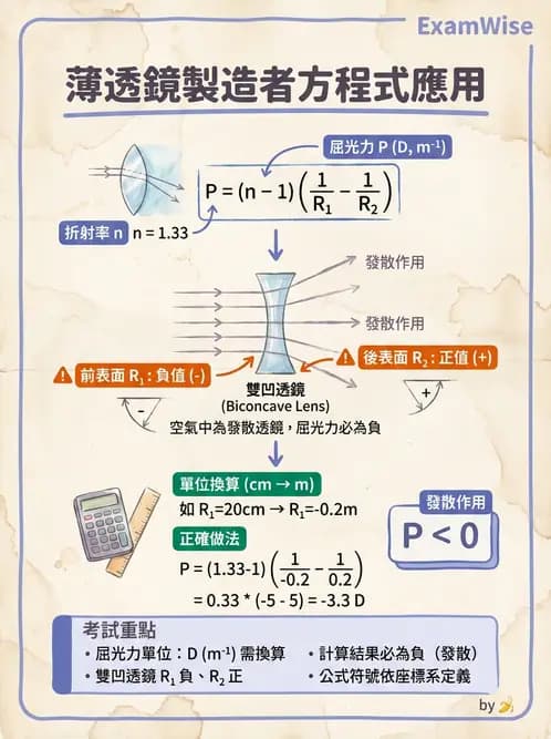 驗光生 - 球面折射介面與薄透鏡屈光力計算 - AI 圖文解析預覽