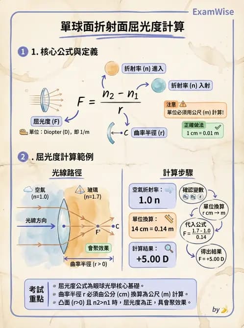 驗光生 - 球面折射介面與薄透鏡屈光力計算 - AI 圖文解析預覽