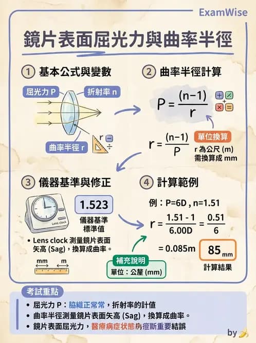 驗光生 - 球面折射介面與薄透鏡屈光力計算 - AI 圖文解析預覽