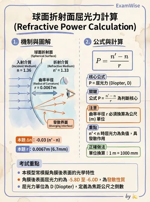 驗光生 - 球面折射介面與薄透鏡屈光力計算 - AI 圖文解析預覽