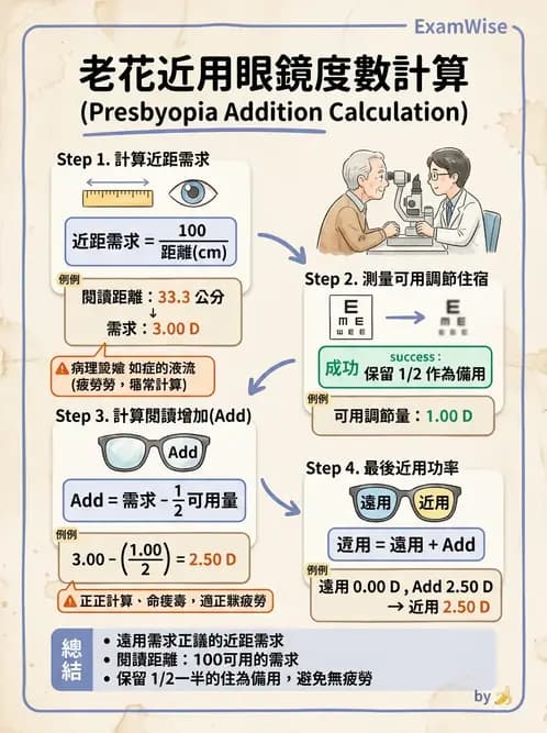 驗光師 - 老花眼概念、調節幅度與配鏡光學 - AI 圖文解析預覽