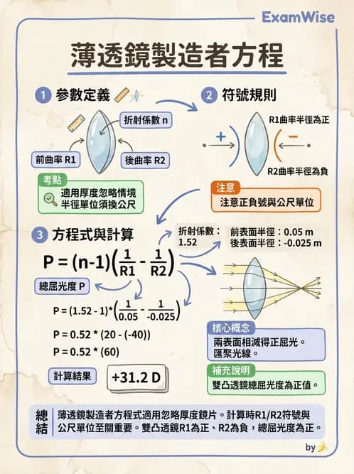 驗光生 - 球面折射介面與薄透鏡屈光力計算 - AI 圖文解析預覽
