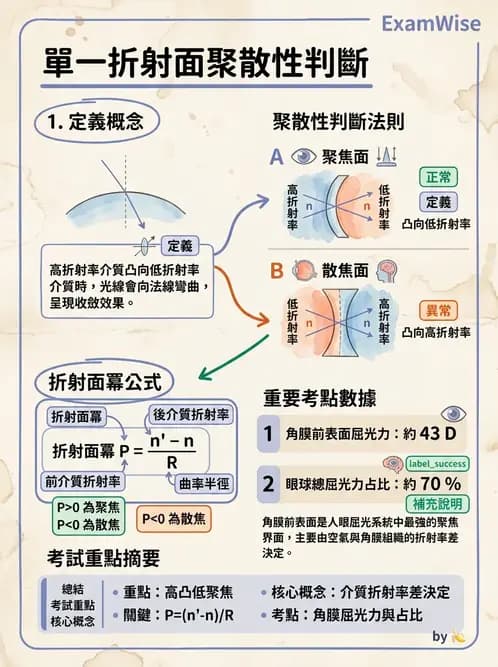 驗光生 - 球面折射介面與薄透鏡屈光力計算 - AI 圖文解析預覽